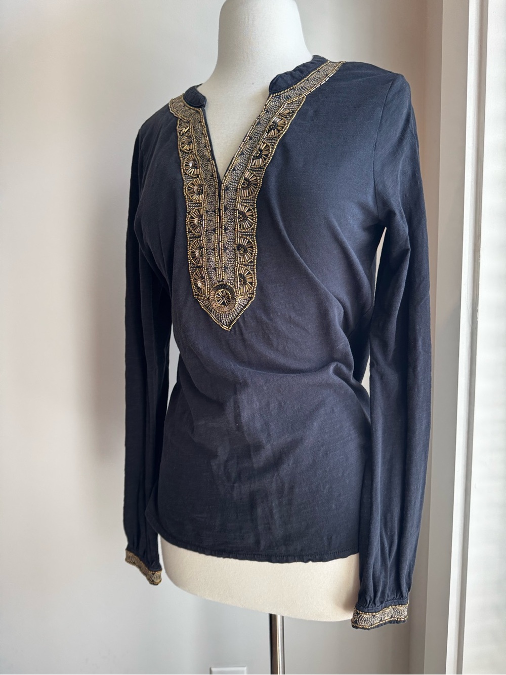 Lucky Brand Navy Long-Sleeve Top with Gold Embroidered Placket